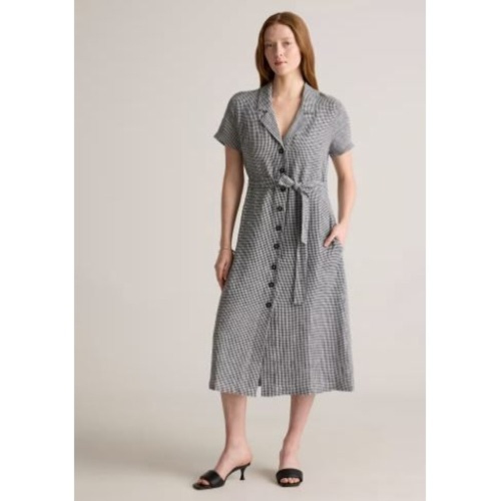 Quince 100% European Linen Button Front Midi Dress Gingham Black White Size M